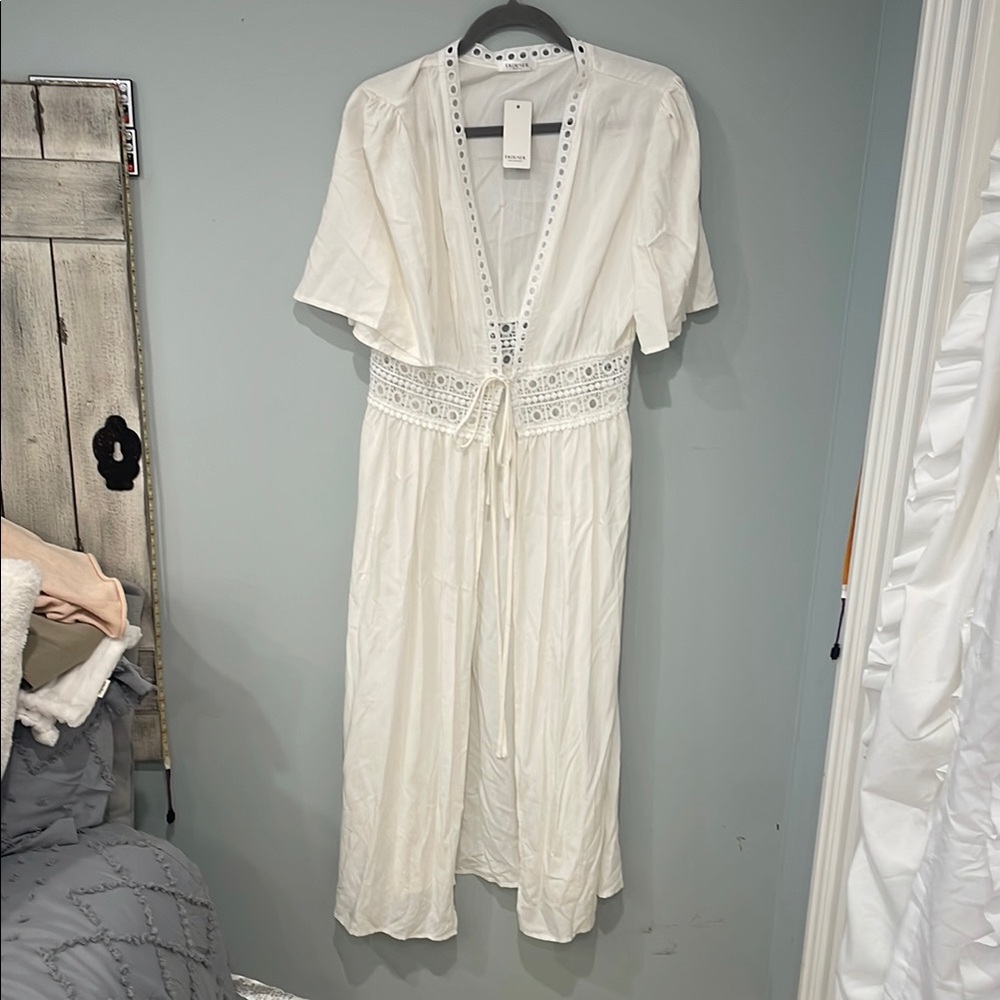 White Lace Trim kimono cover up long jacket nwt